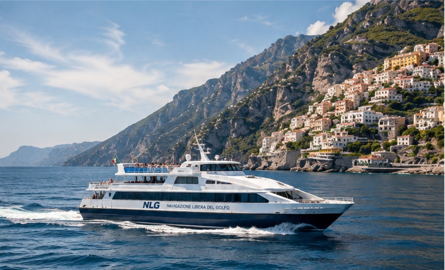 Ferry arriving by sea to Positano
