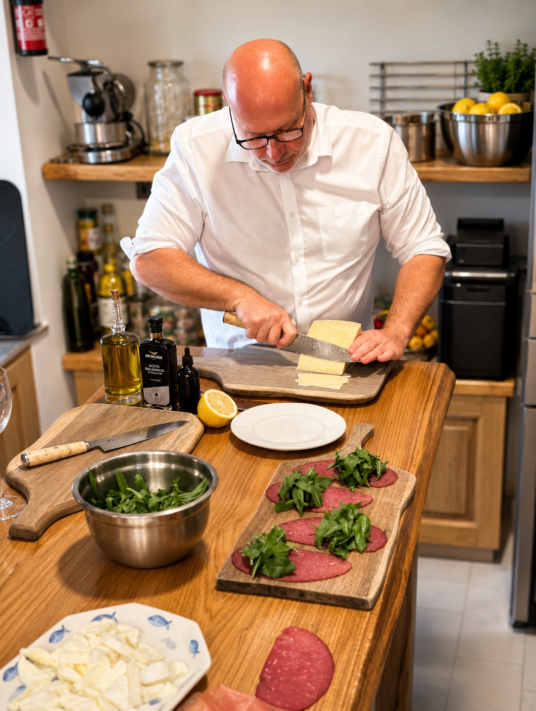 Peter Capraro preparing a meal in his Positano kitchen