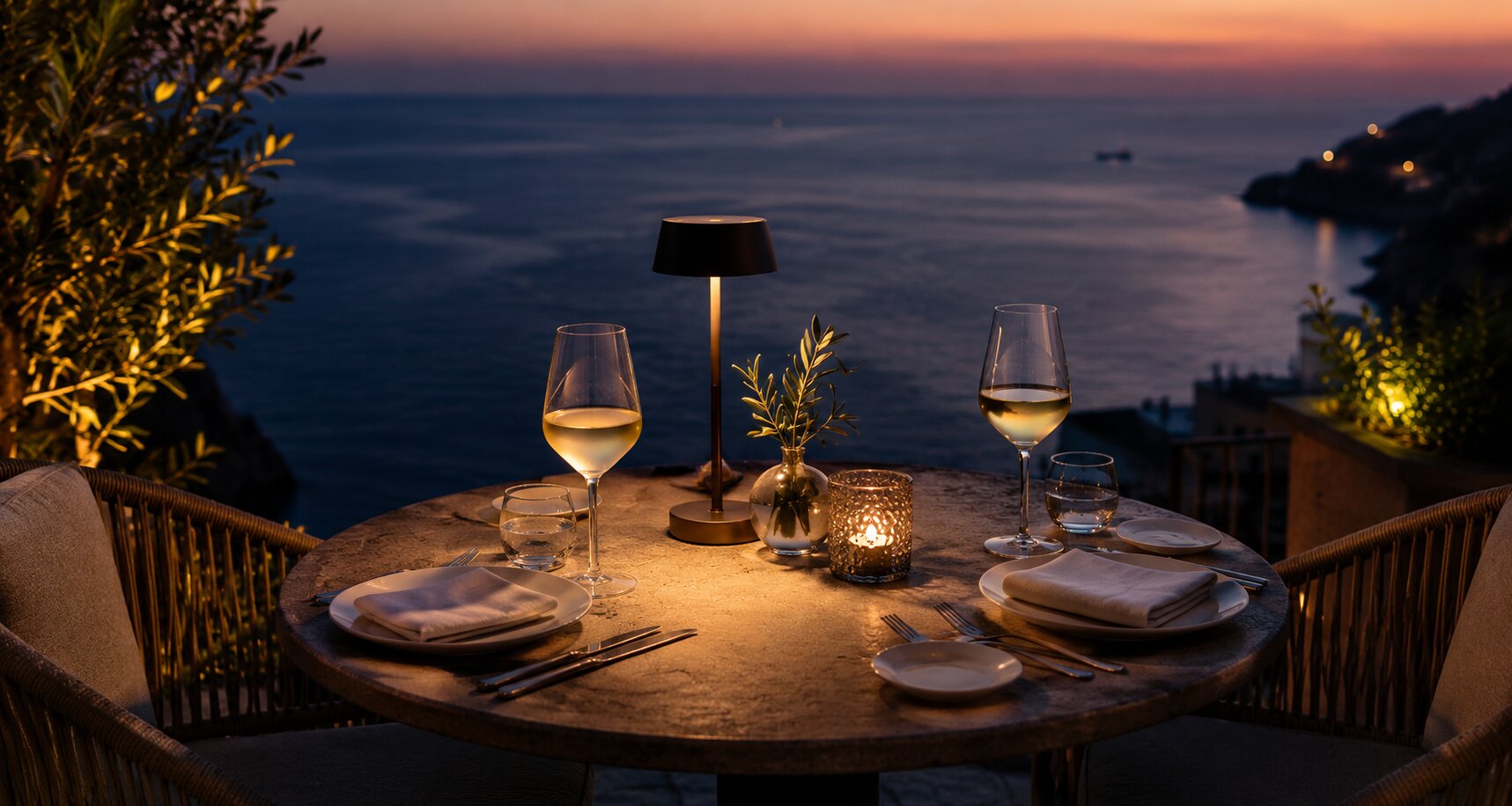 Romantic candlelit dinner table overlooking the sea at sunset on the Amalfi Coast