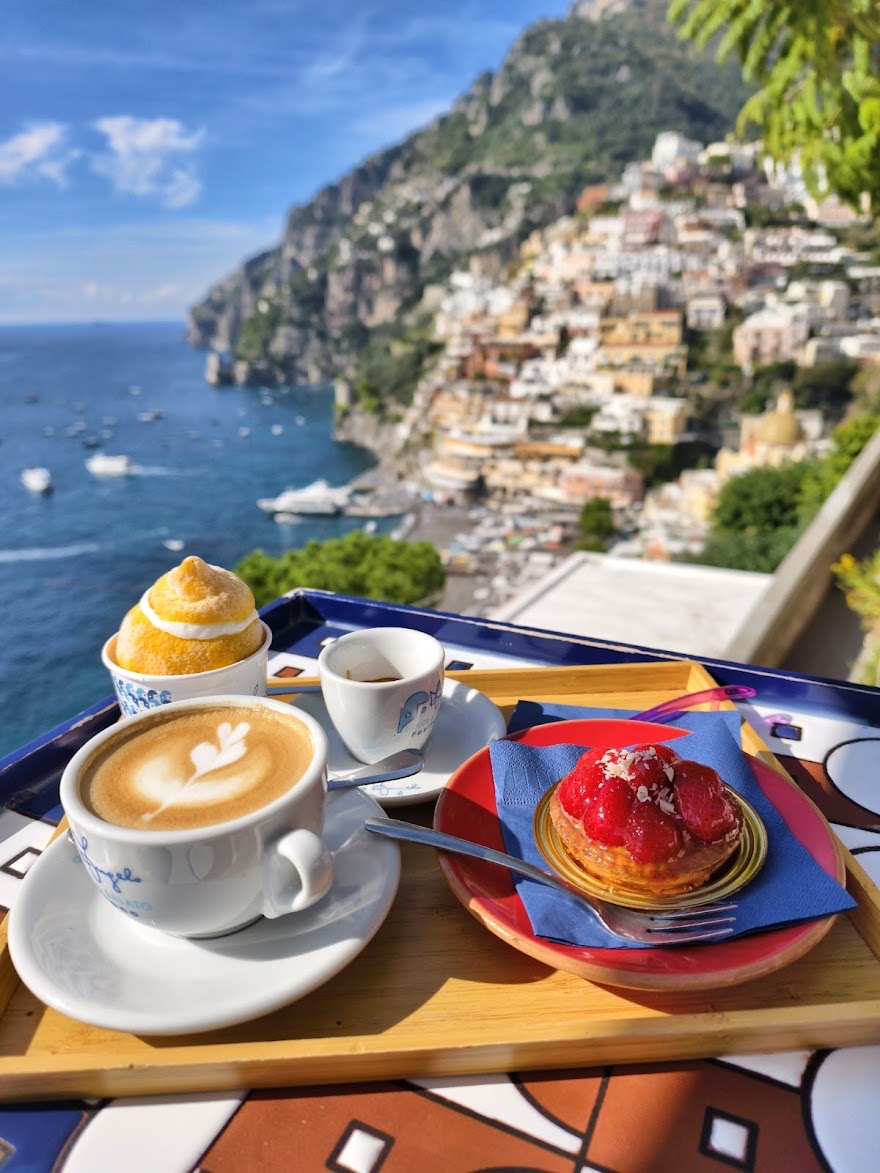 Angelo Café coffee, pastry, and Positano view